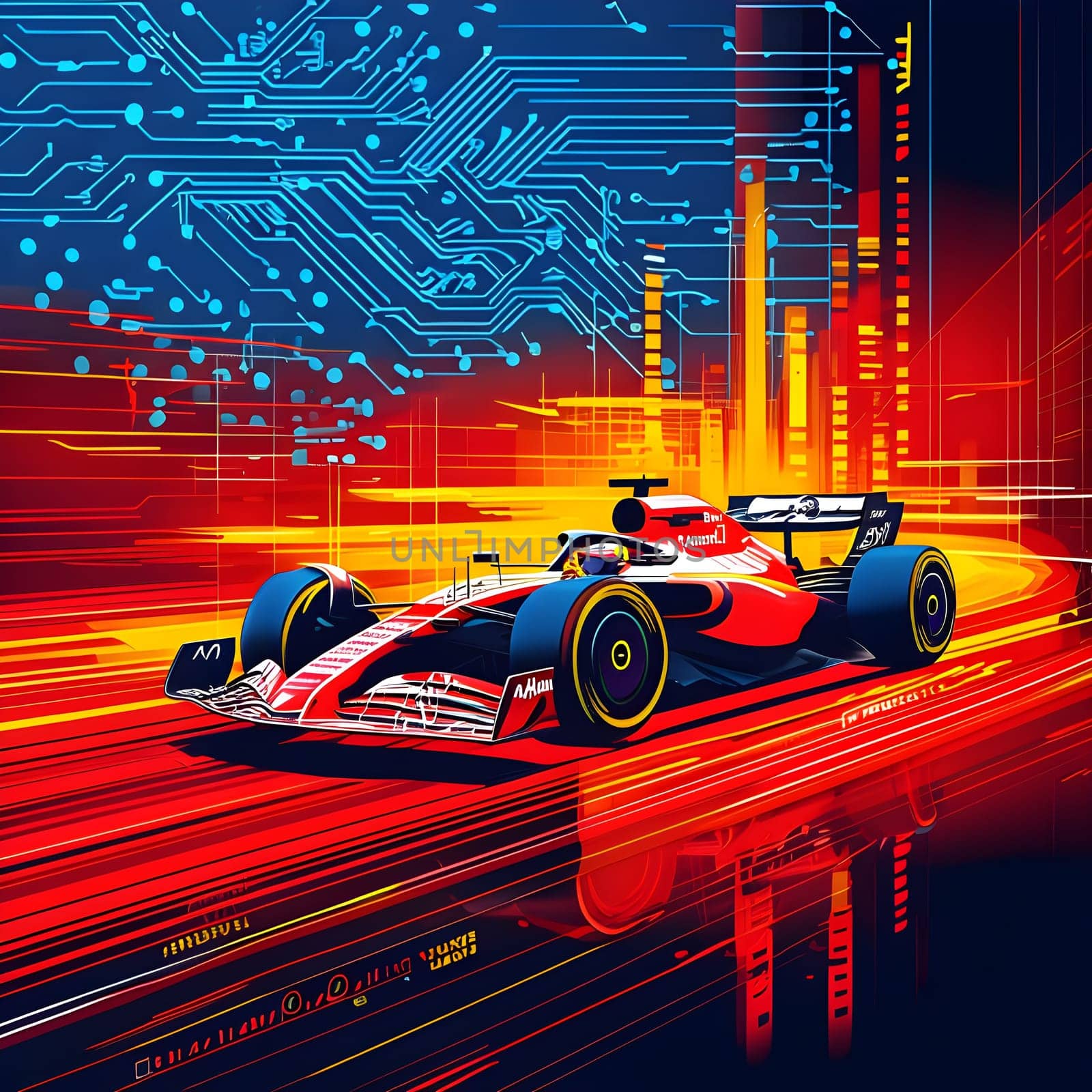 sport car silhouette with vibrant dynamic lines showing motion, surrounded by data streams