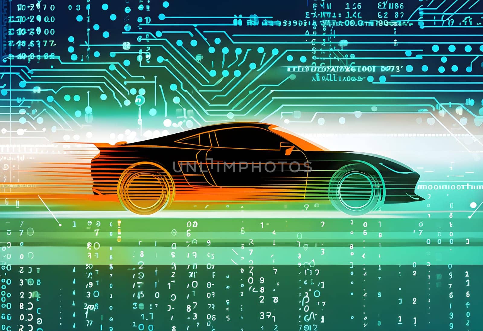 sport car silhouette with vibrant dynamic lines showing motion, surrounded by data streams
