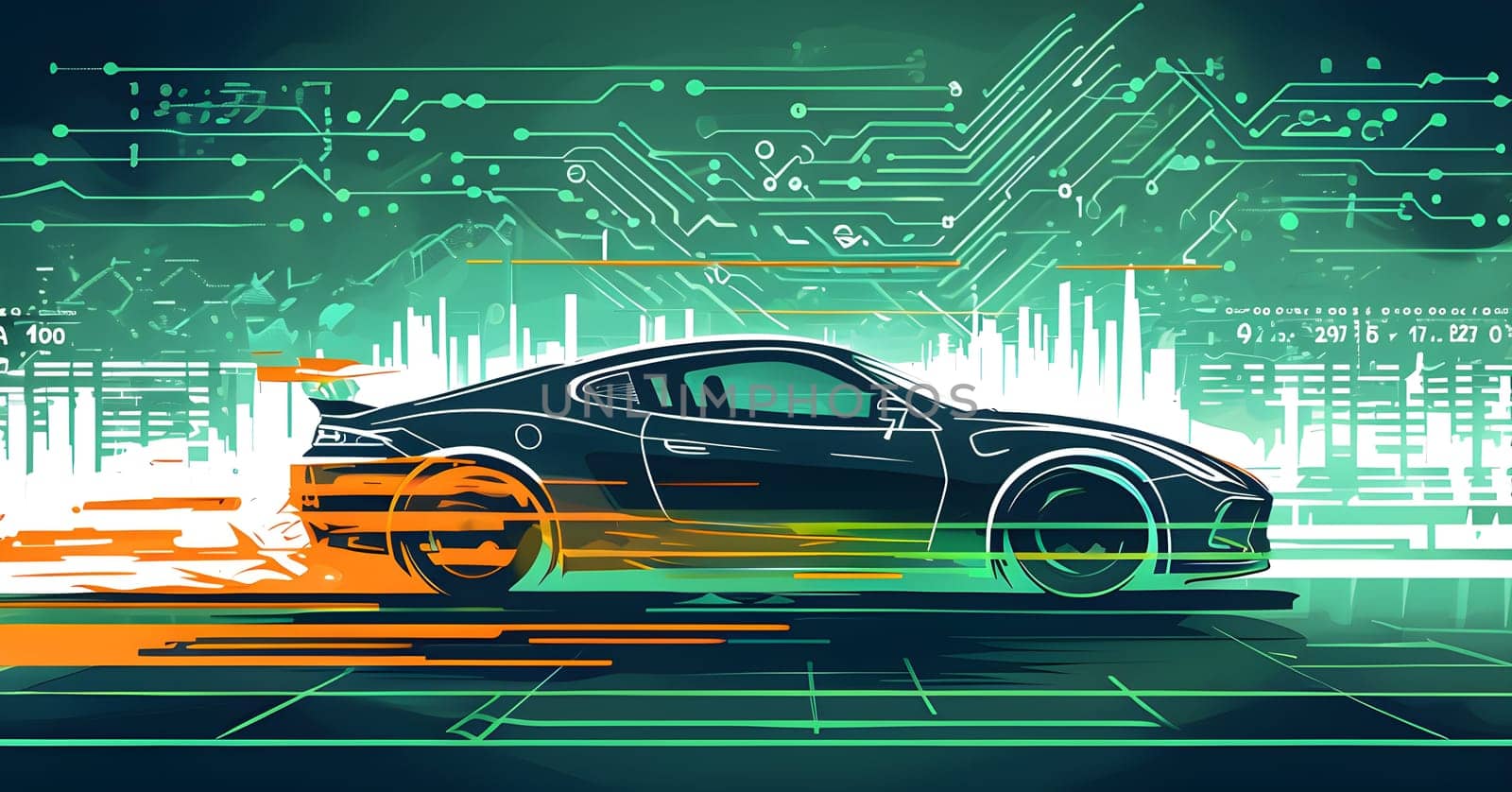 sport car silhouette with vibrant dynamic lines showing motion, surrounded by data streams