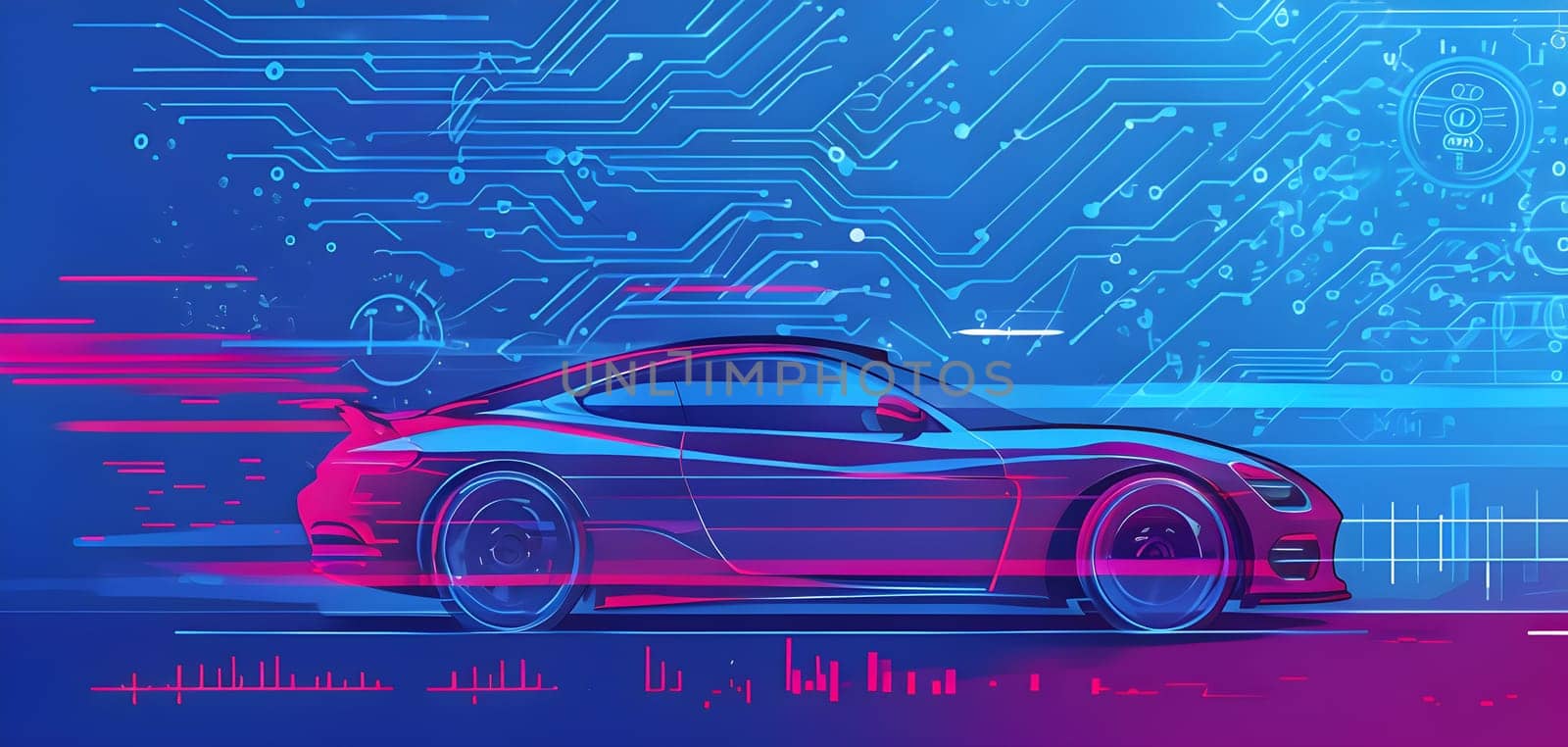 sport car silhouette with vibrant dynamic lines showing motion, surrounded by data streams