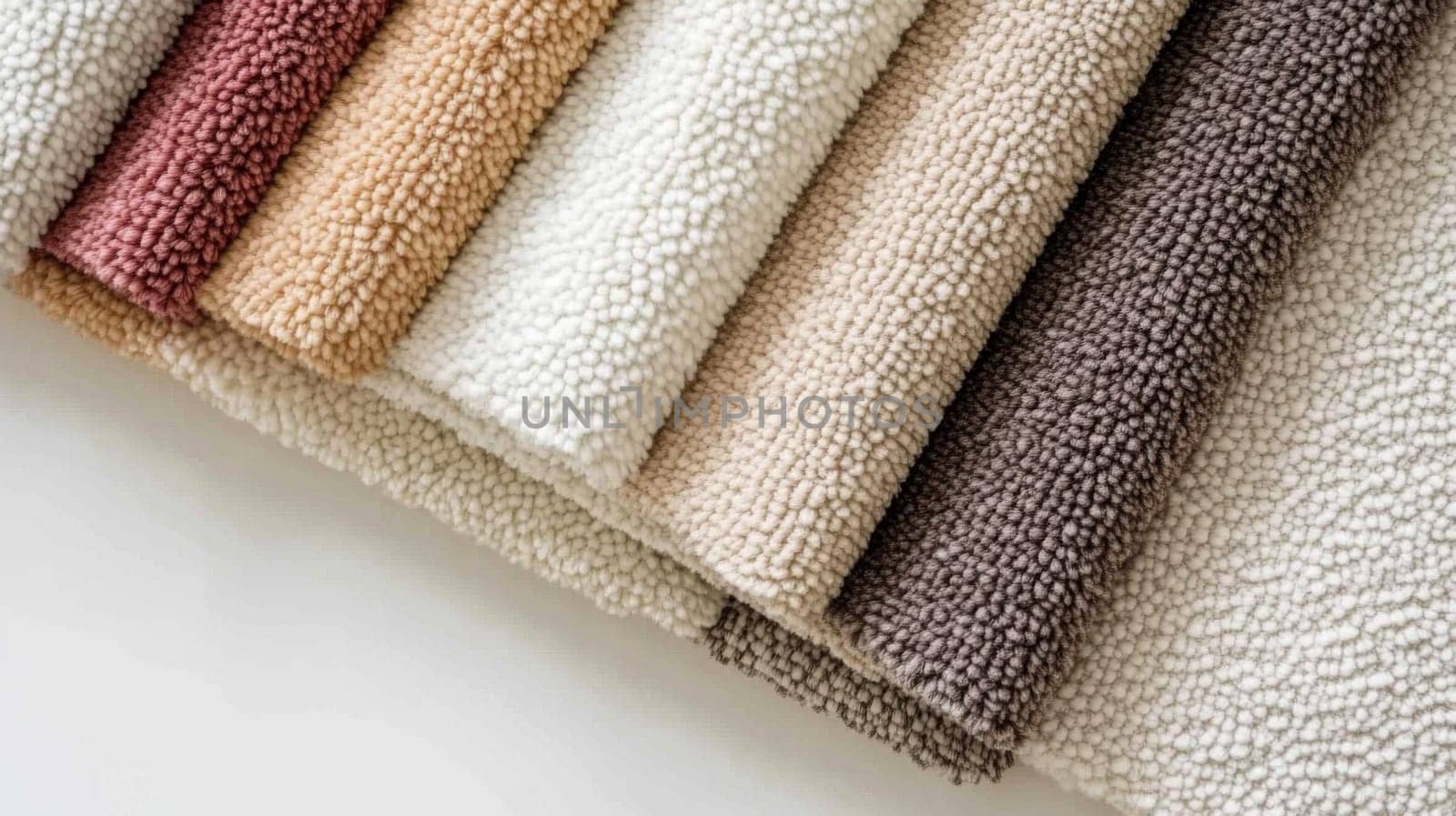 Chenille Fabric samples in various neutral colors close up arranged, texture detail, interior design palette background, AI Generated