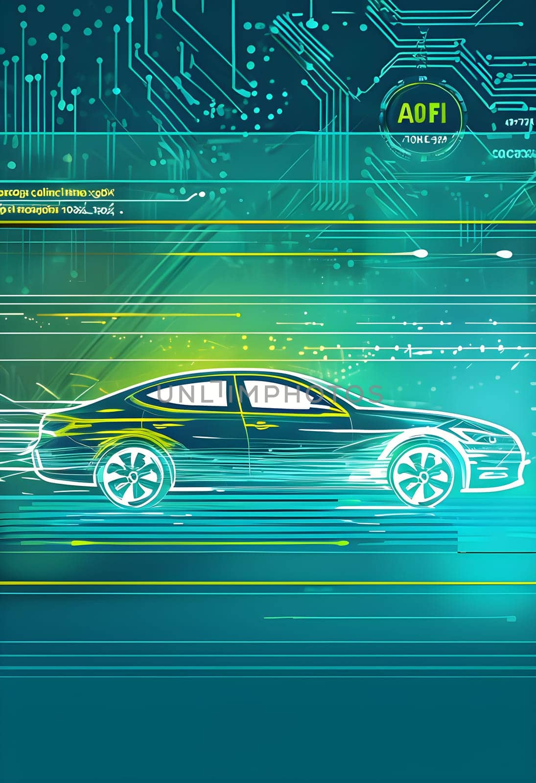 sport car silhouette with vibrant dynamic lines showing motion, surrounded by data streams