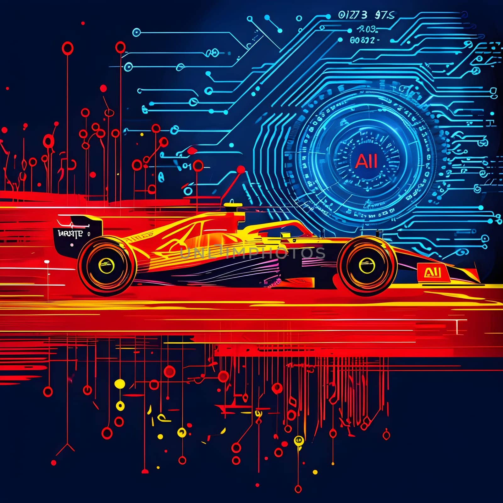 sport car silhouette with vibrant dynamic lines showing motion, surrounded by data streams