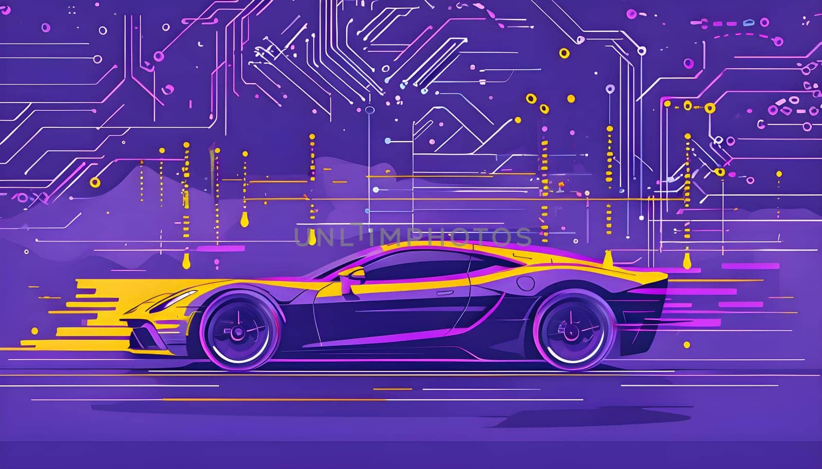 sport car silhouette with vibrant dynamic lines showing motion, surrounded by data streams