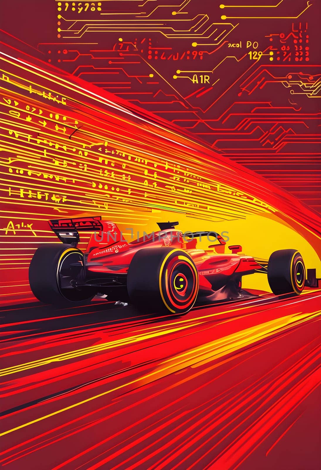 sport car silhouette with vibrant dynamic lines showing motion, surrounded by data streams