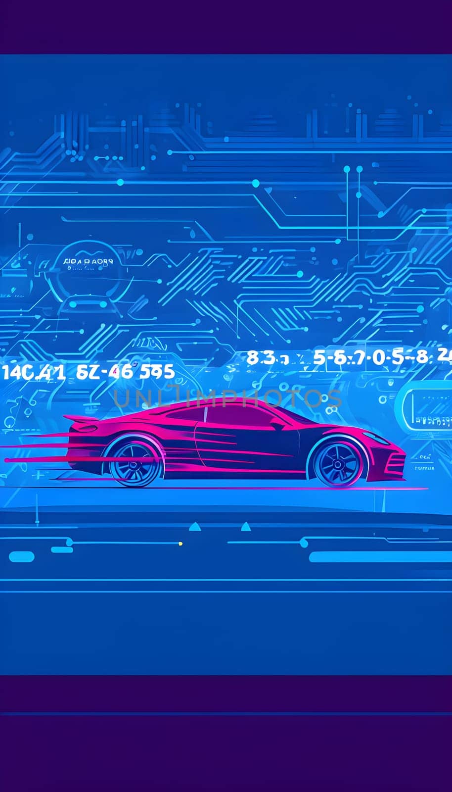 sport car silhouette with vibrant dynamic lines showing motion, surrounded by data streams