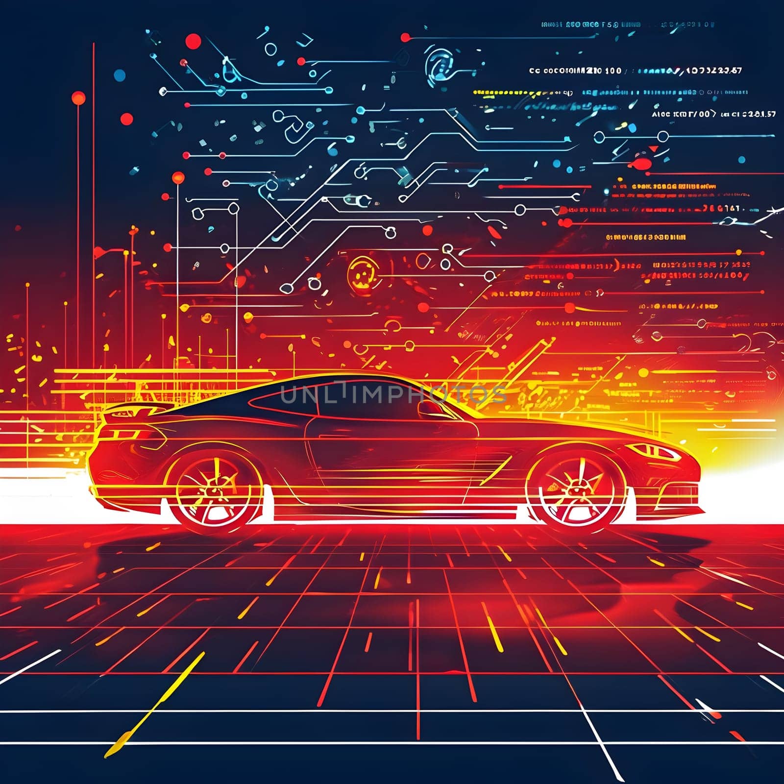 sport car silhouette with vibrant dynamic lines showing motion, surrounded by data streams