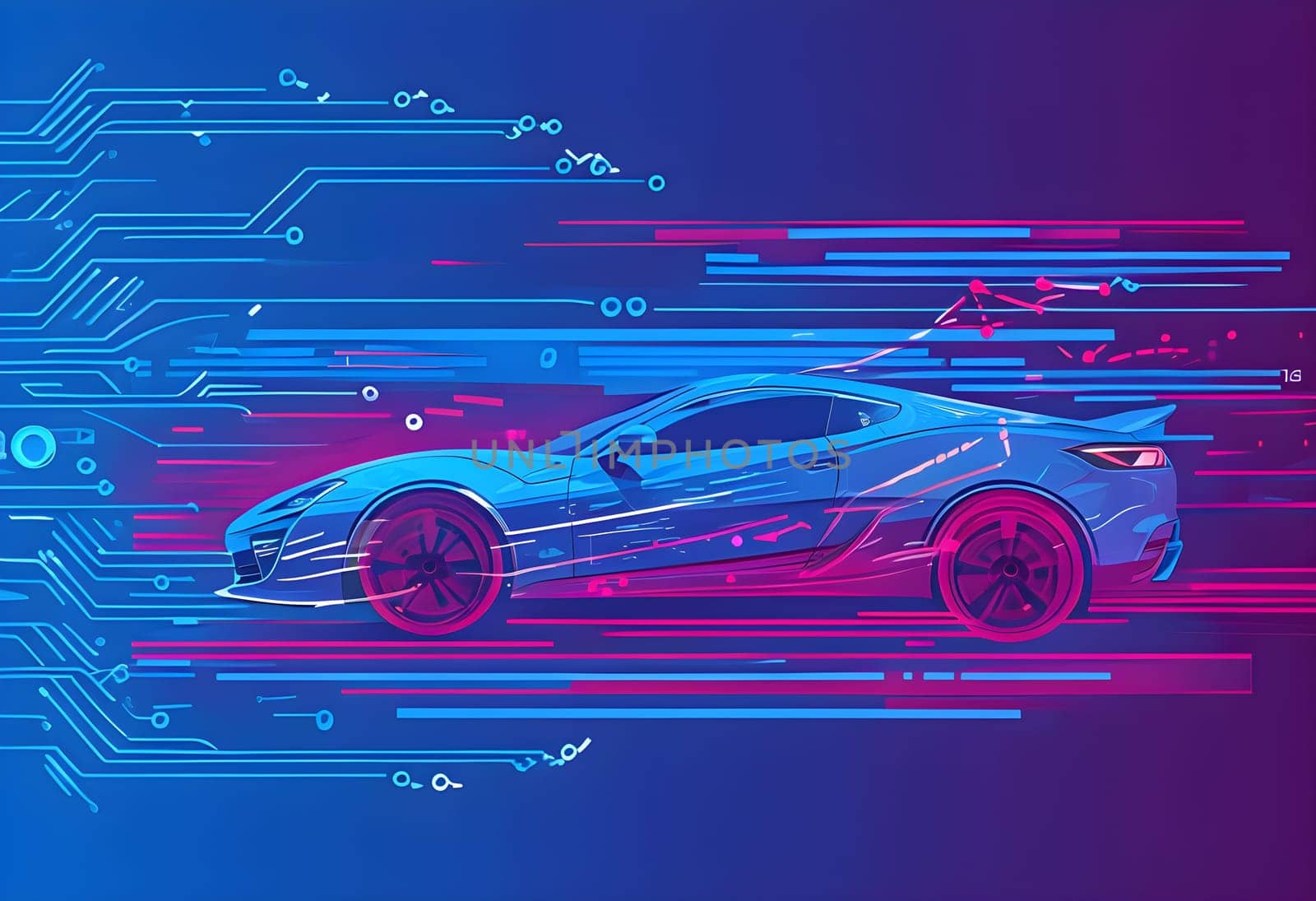 sport car silhouette with vibrant dynamic lines showing motion, surrounded by data streams