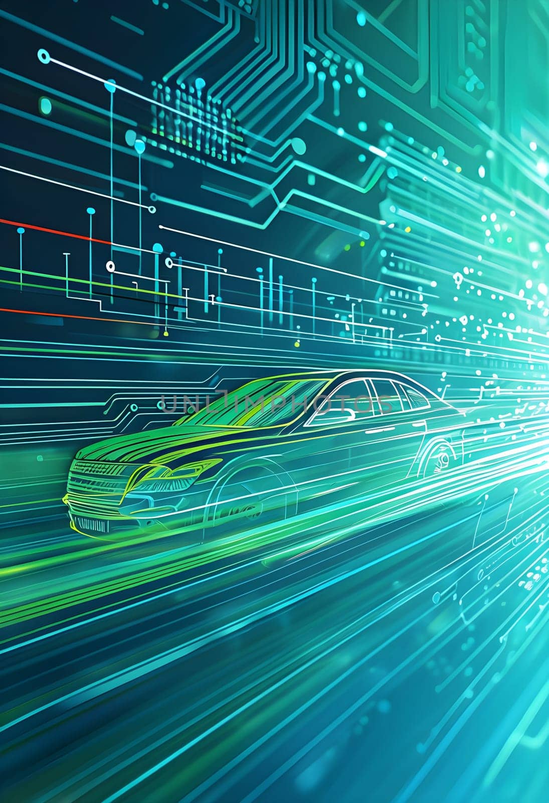 sport car silhouette with vibrant dynamic lines showing motion, surrounded by data streams