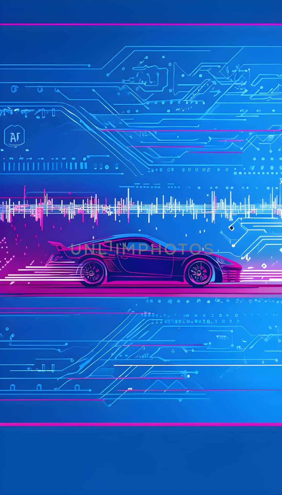 sport car silhouette with vibrant dynamic lines showing motion, surrounded by data streams