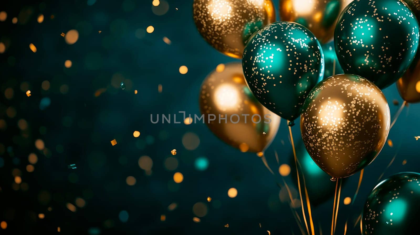 Luxurious golden and green helium balloons. Background for anniversary, birthday, sale and promotion. AI generated