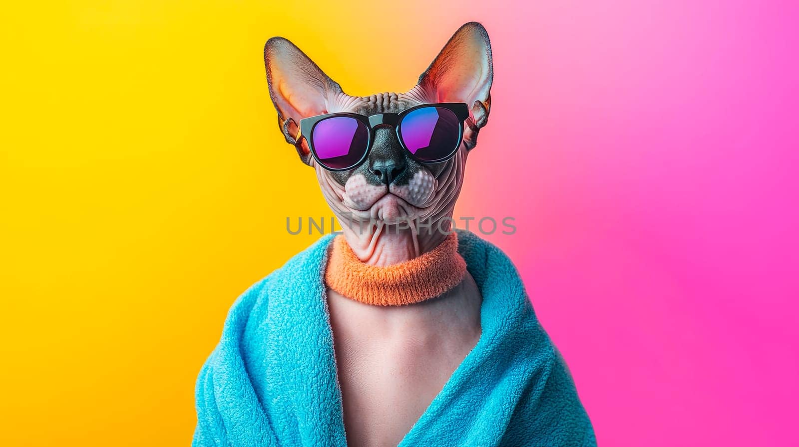 Portrait of a serious Sphinx cat wearing sunglasses and a blue sweater. AI generated