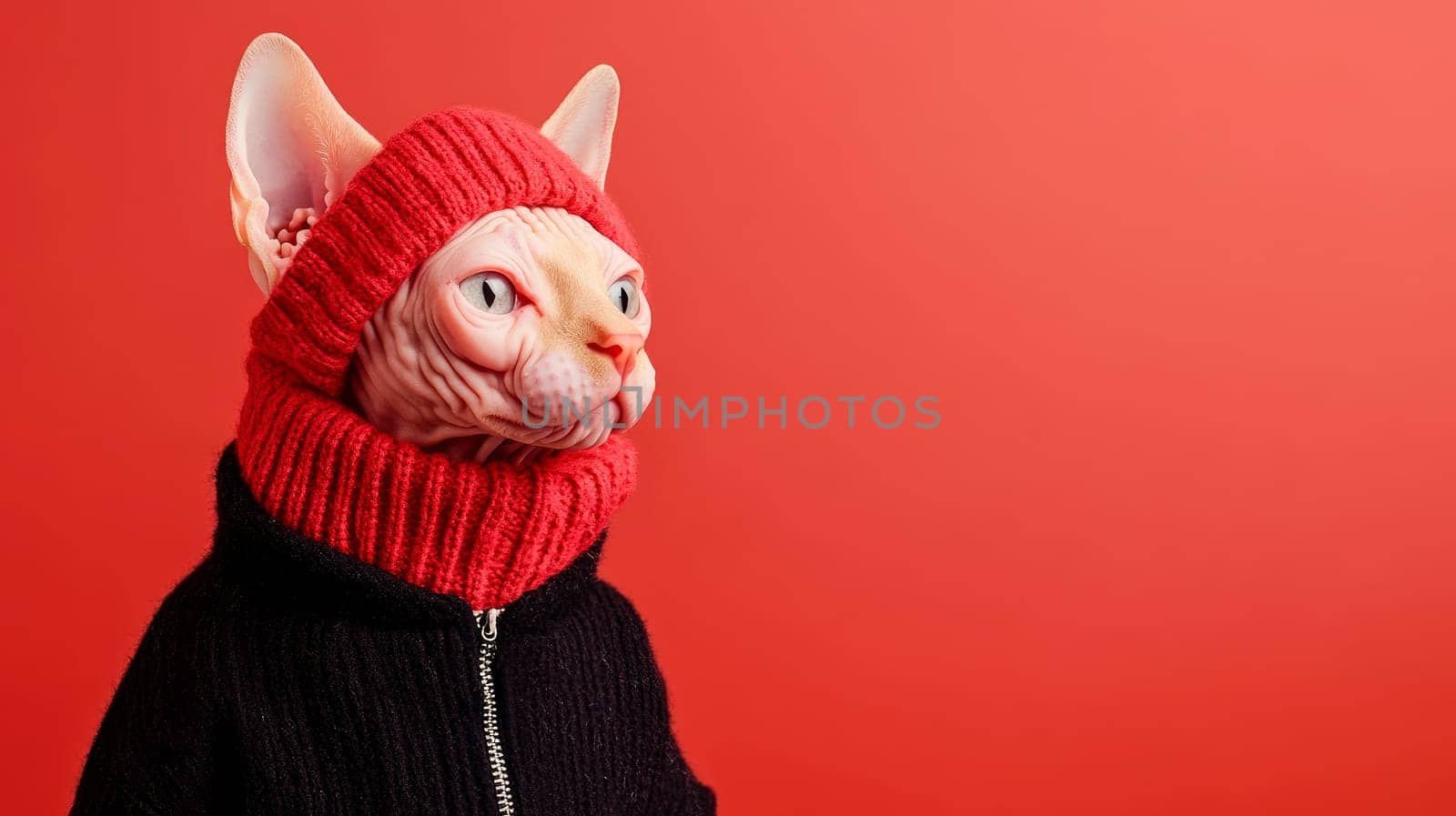 Portrait of a serious Sphinx cat wearing a black sweater. AI generated