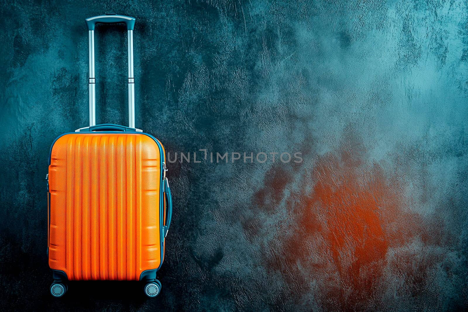An orange rolling suitcase lying on dark stone surface. Vacations or travel concept. AI generated
