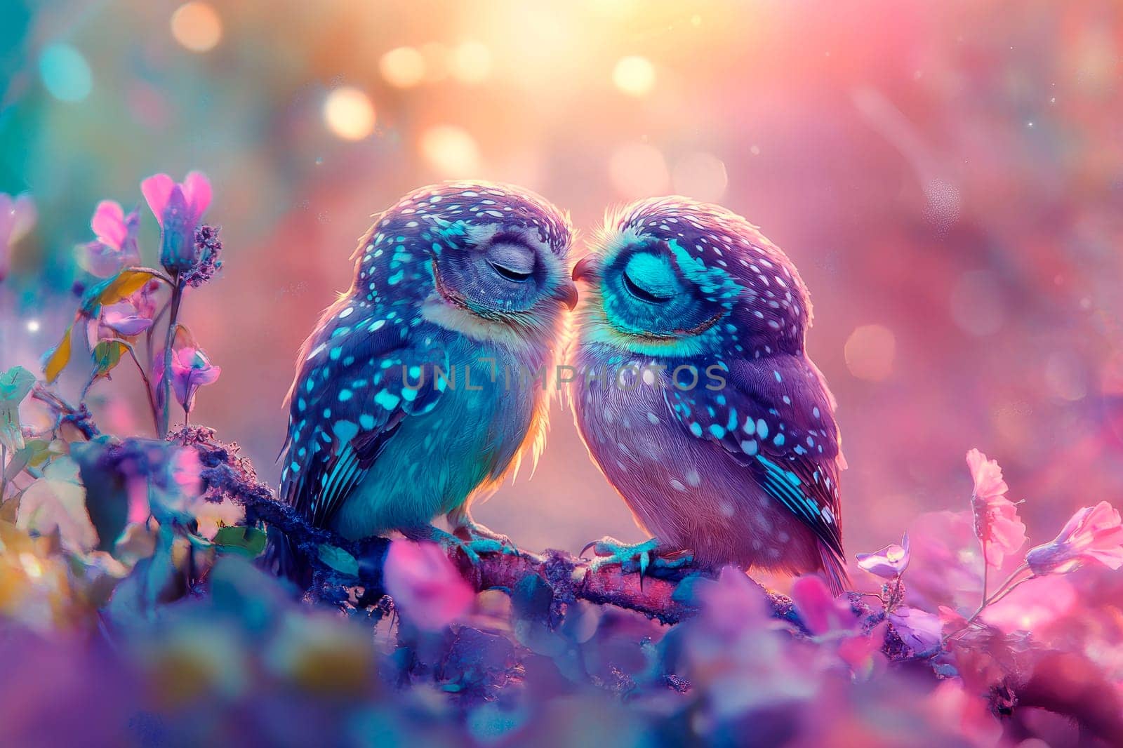 Warm feelings between the two owls on the purple flowers background. AI generated