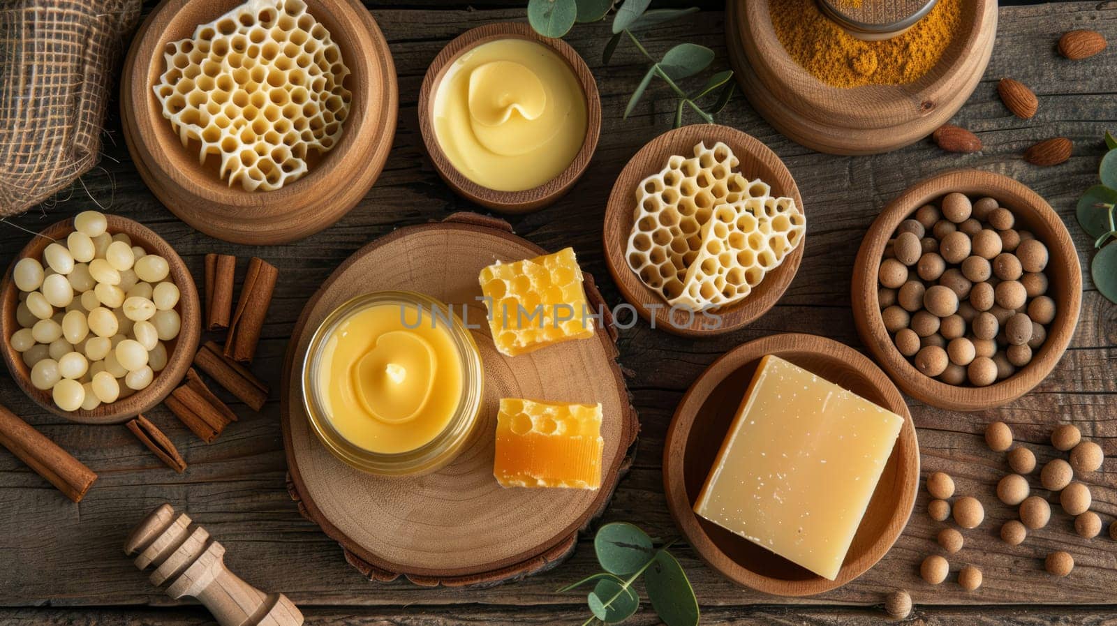 A set of natural skin care products made with beeswax, including lip balm and hand cream, aesthetically designed.