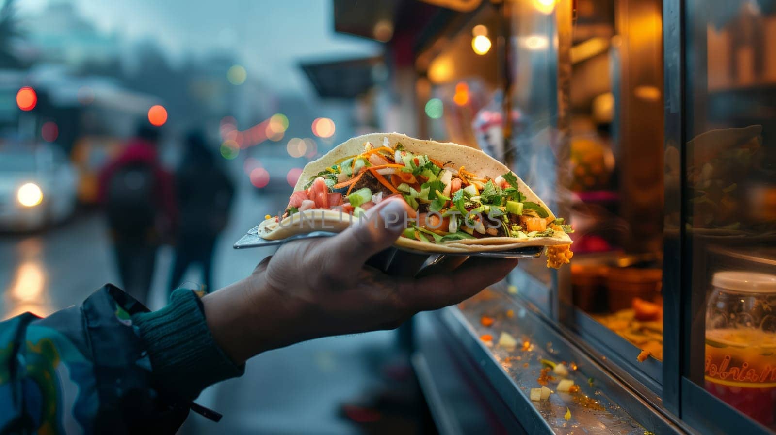 A food truck vendor hands a customer a freshly cooked taco against the backdrop of a busy street.