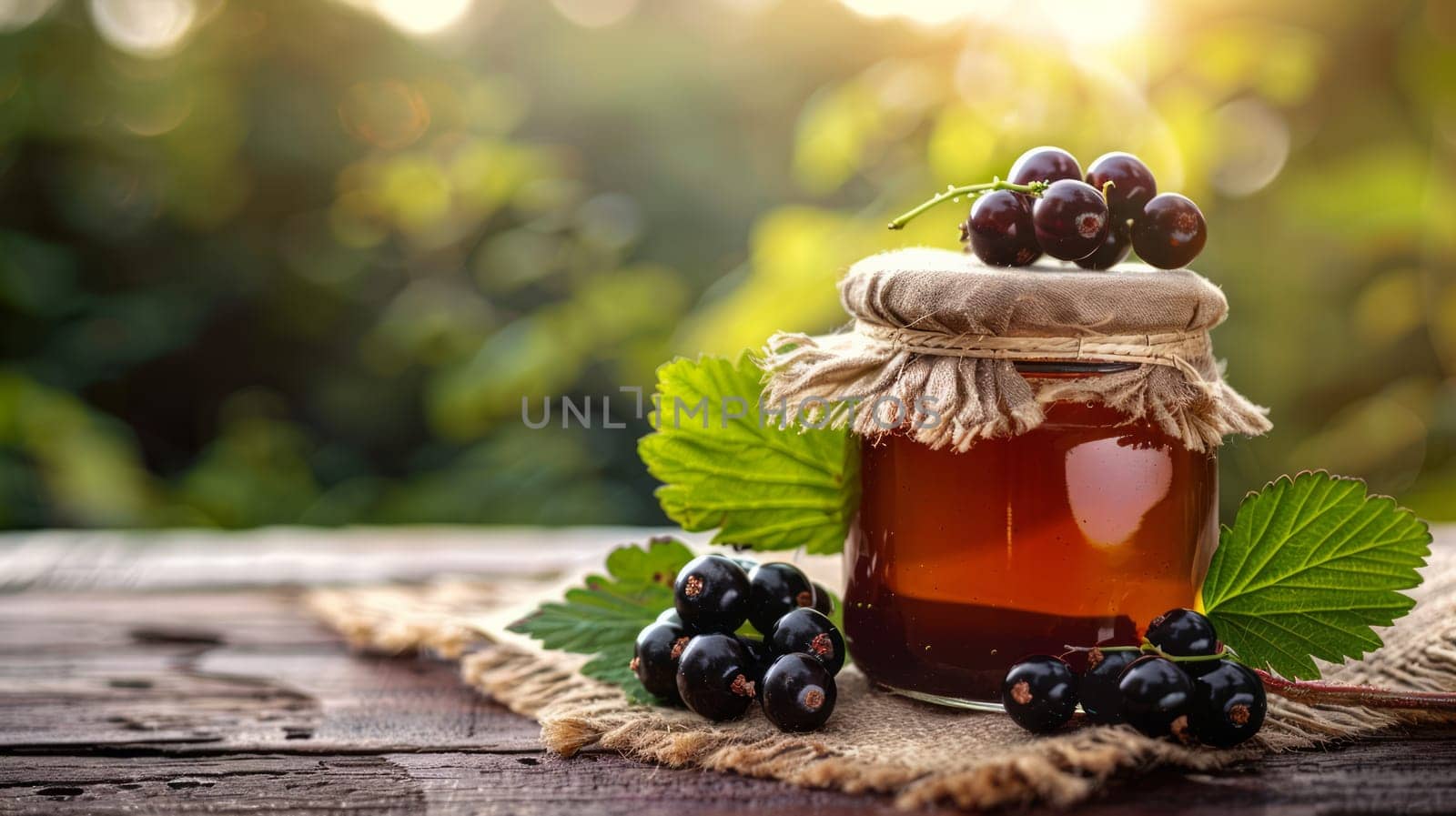 A jar of honey, next to which lie three blackcurrant berries and leaves, highlighting its rich fruity flavor and dark color. Copy Space