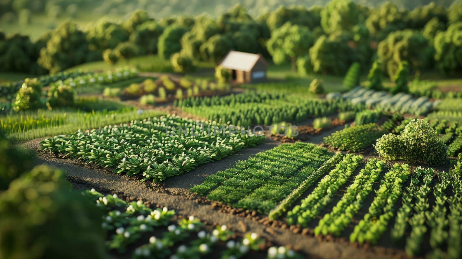 Crop rotation on a sustainable farm, where different types of crops are grown in neighboring fields.