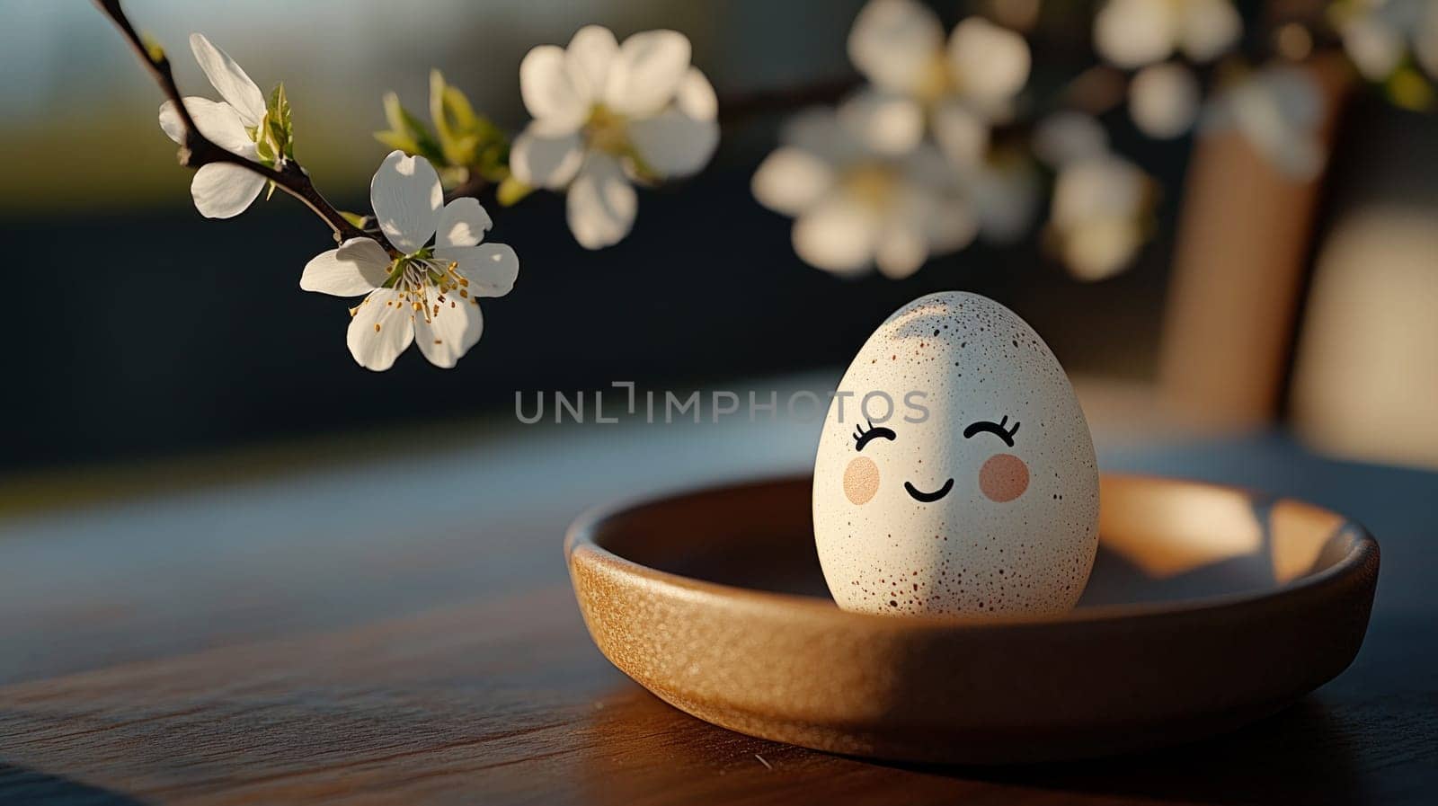 White egg with smiling face placed in wooden plate, surrounded by blooming branches in warm and sunny spring atmosphere.