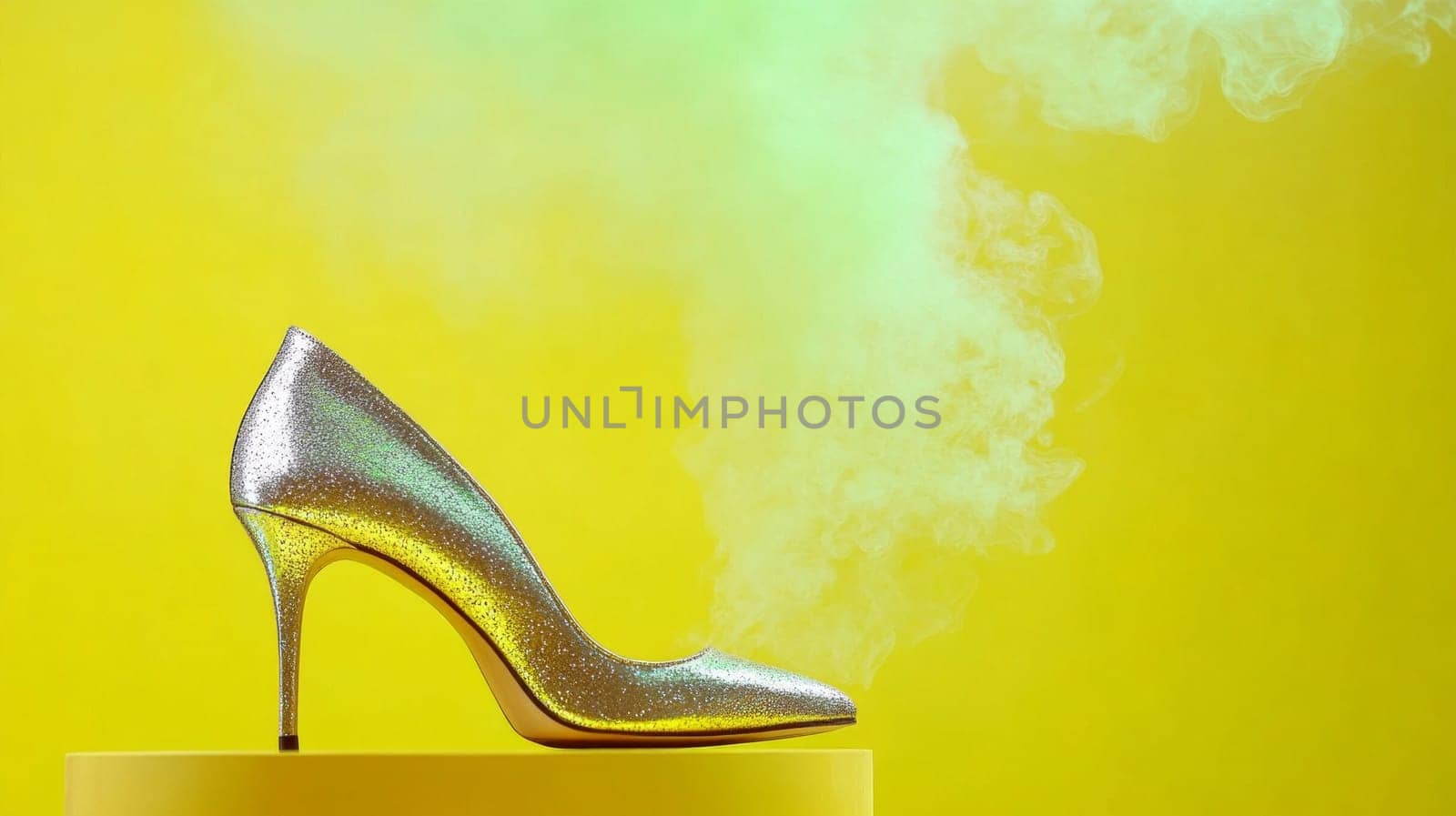 A glamorous gold high heel on a pedestal, surrounded by shimmering colorful mist against a bright yellow background, symbolizing elegance and luxury.