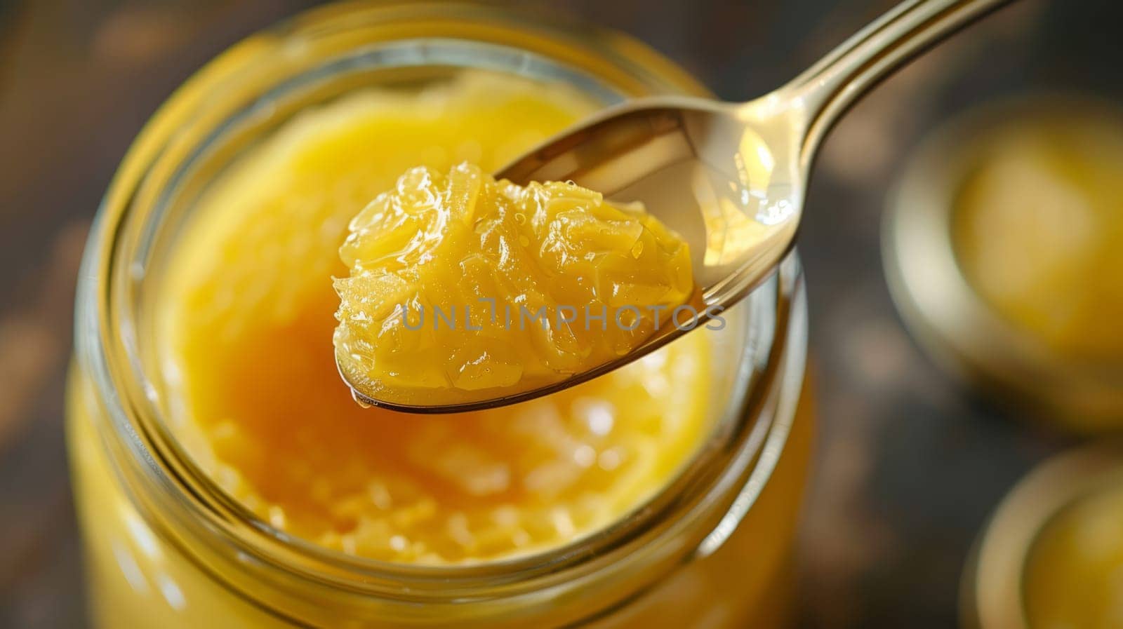A spoon with royal jelly close-up against the background of a jar standing on the table.