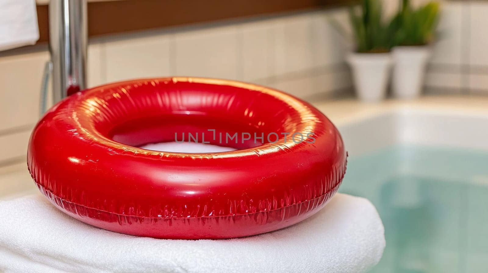 Clean, minimalist pool edge setting with white towel and red inflatable ring .