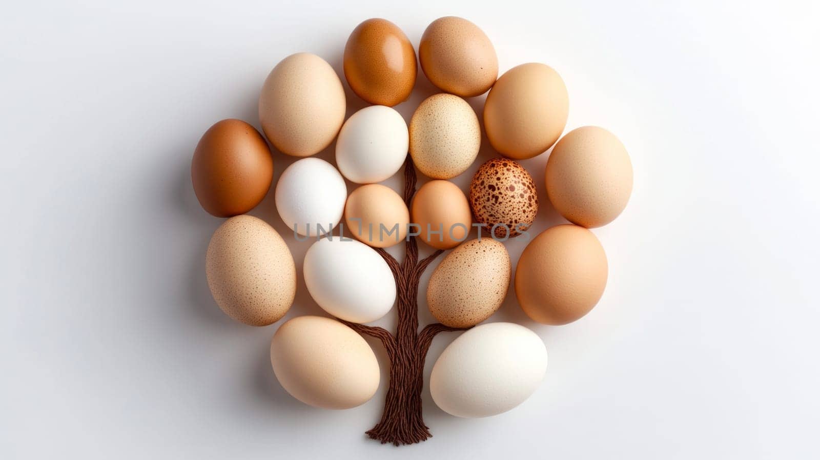 A natural arrangement of brown and white eggs in the shape of a tree with chocolate branches, symbolizing growth and nourishment, on a white background.