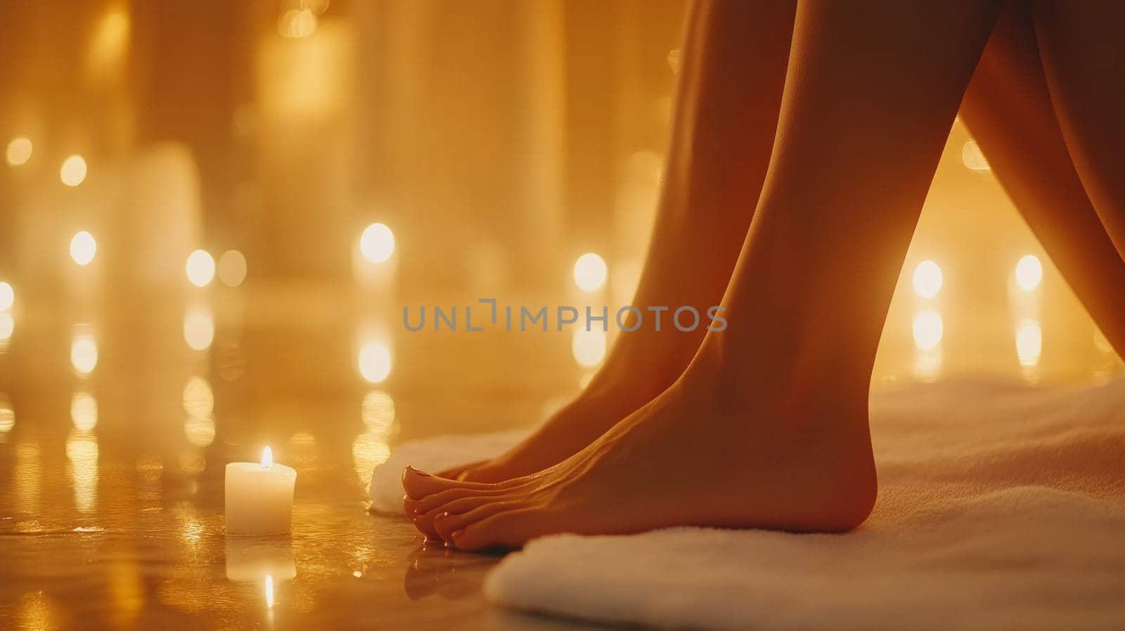 Bare feet resting on a soft white towel surrounded by warm candlelight, creating a serene and luxurious spa atmosphere.