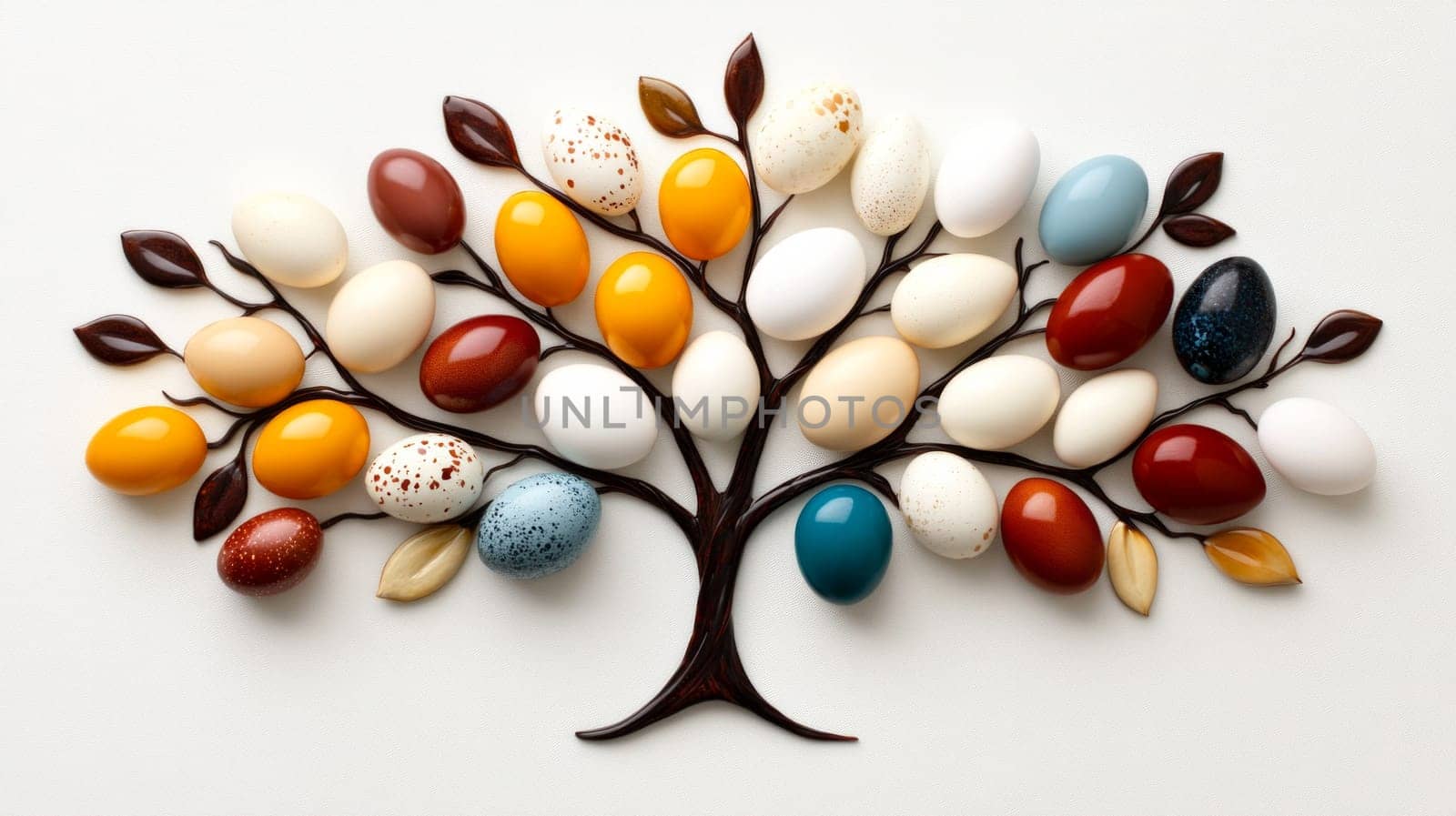 A tree-shaped arrangement of colorful eggs and chocolate branches, featuring vibrant shades of white, yellow, red, and blue on a white background.