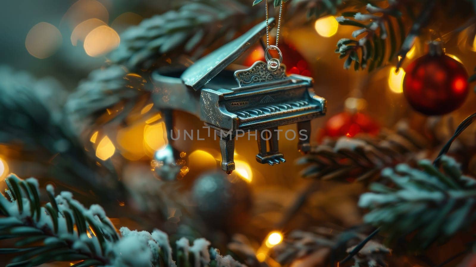 Miniature grand piano on a Christmas tree Surrounded by twinkling lights and festive decor.