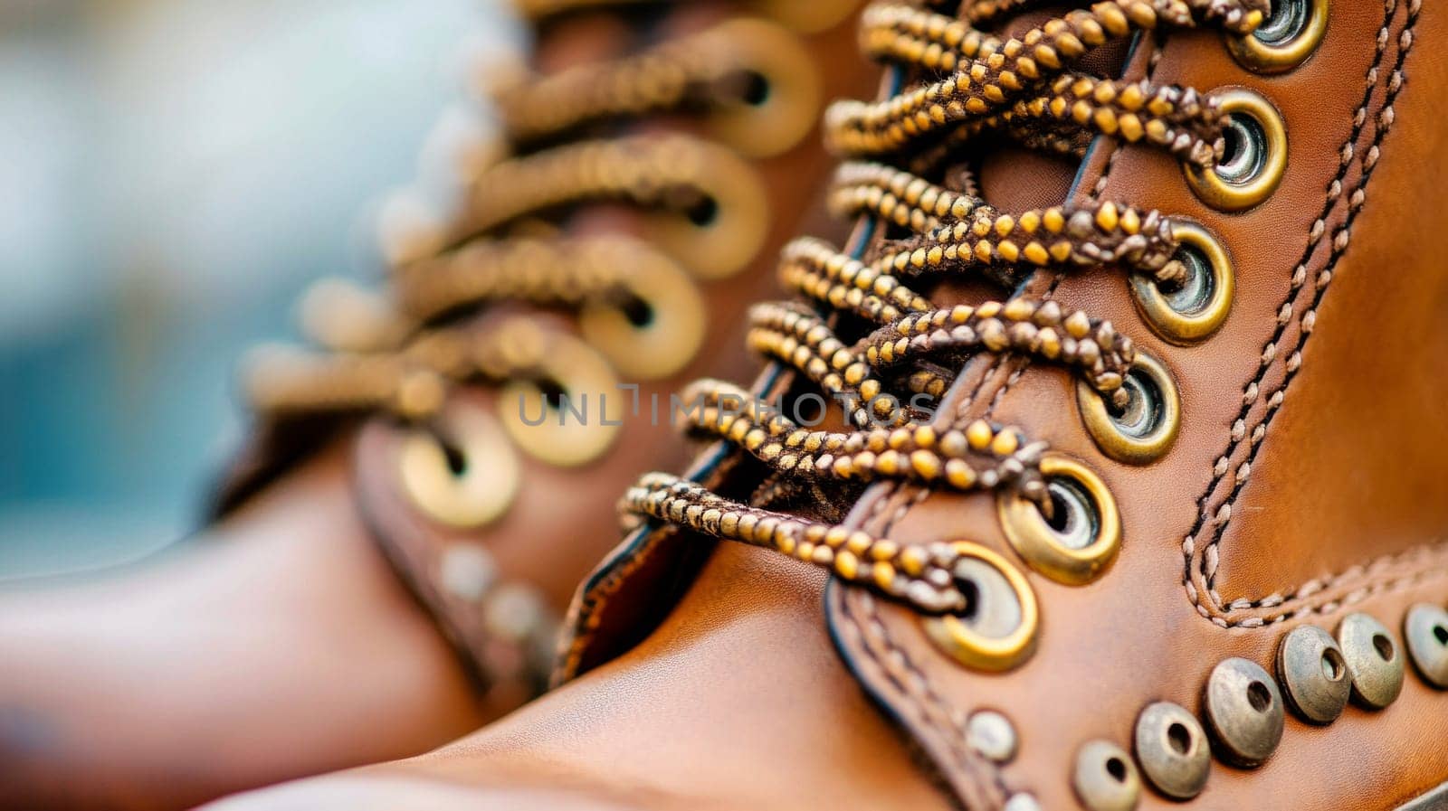 A detailed close-up of brown leather boots with intricately tied laces, highlighting craftsmanship and texture.