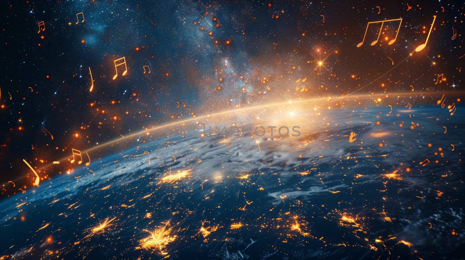 View of planet Earth in space, orbiting glowing musical notes, view from space