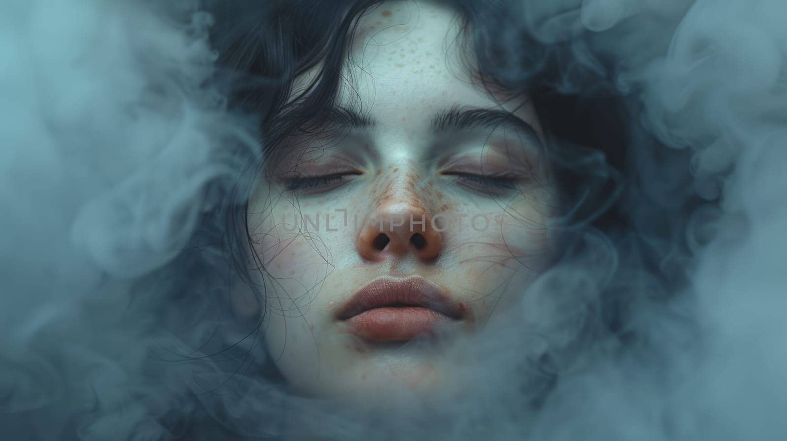 face A young woman with her head in a misty cloud. The Concept of Depression, Dependence, Loneliness, and Mental Health