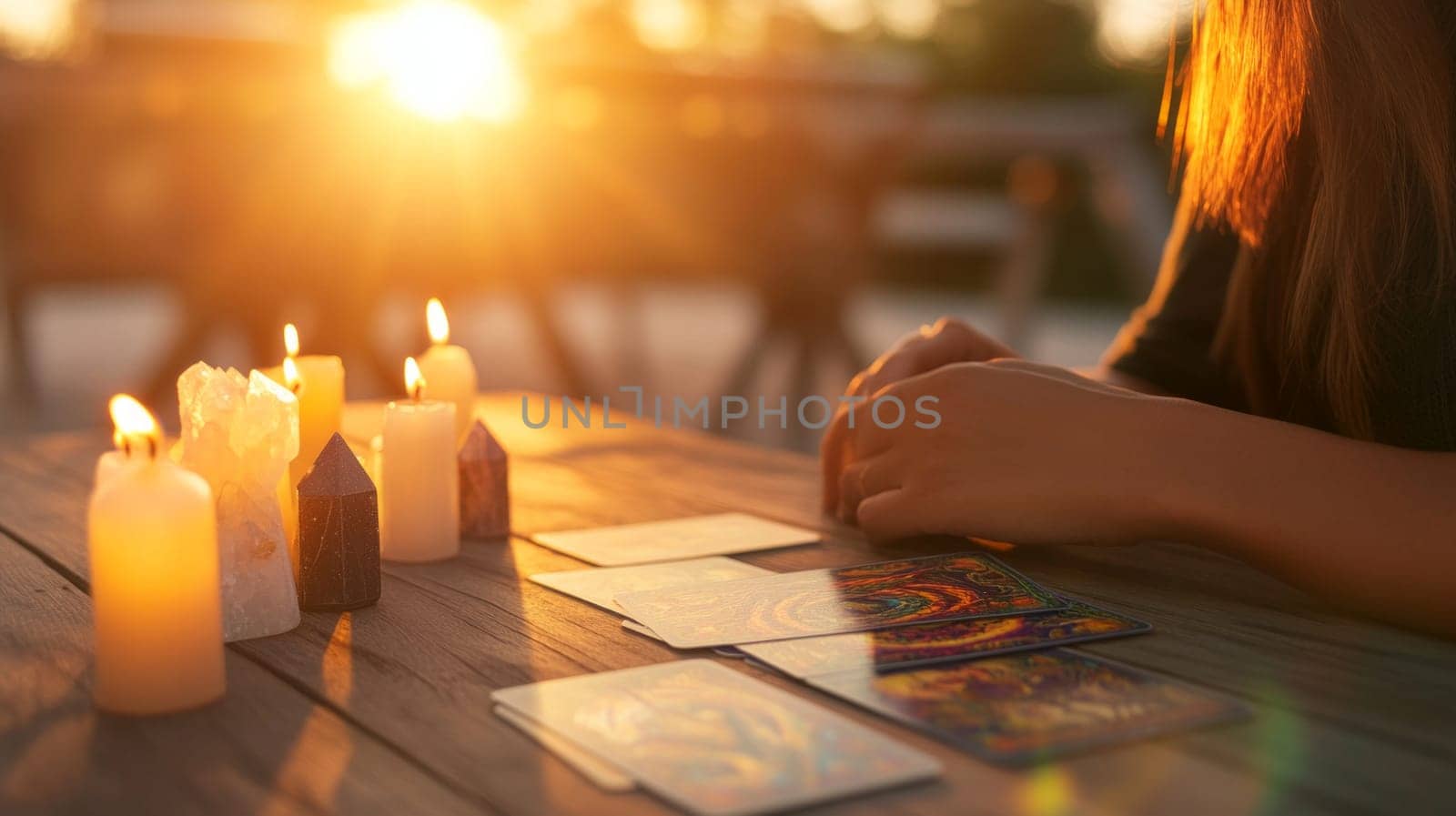 A serene scene of a tarot reading on a wooden table surrounded by lit candles, with warm golden sunlight creating a peaceful, mystical ambiance.