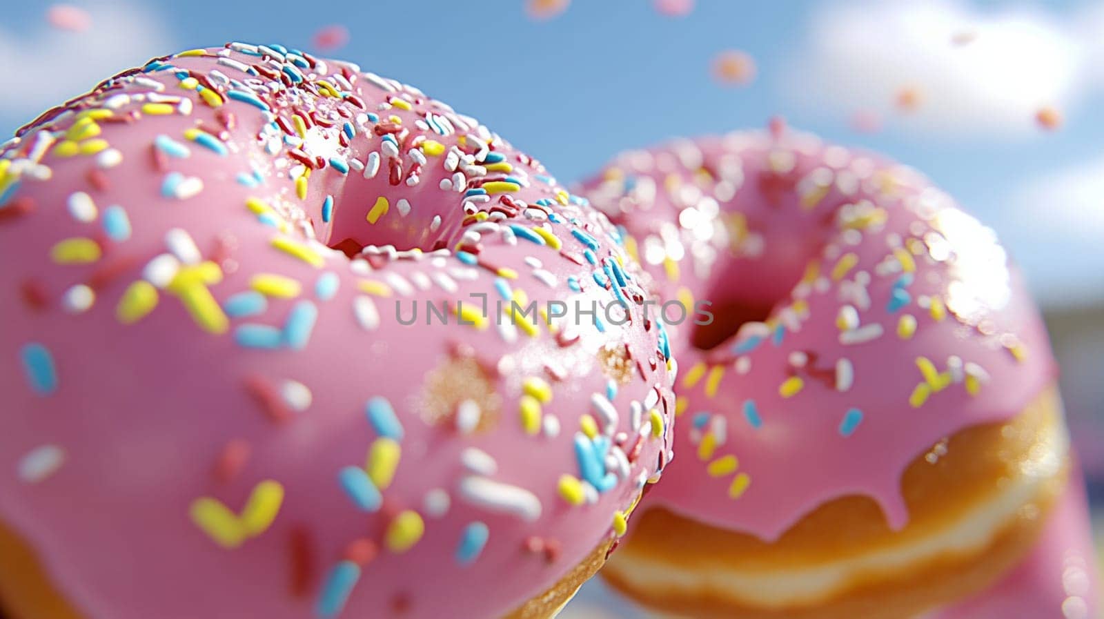 A couple of donuts topped with a shiny pink glaze with sugar sprinkles .