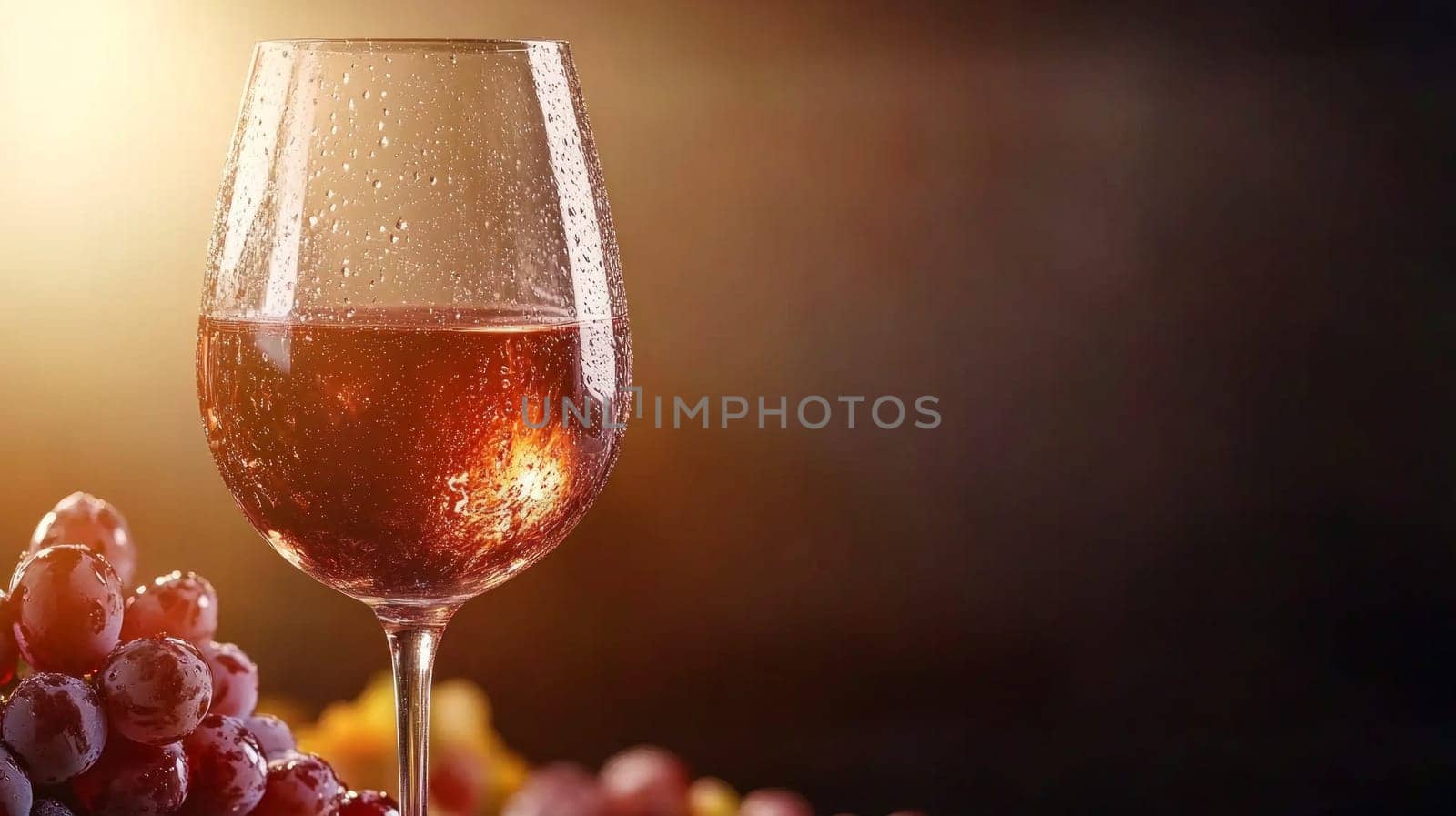 Glass of chilled pink wine with condensation paired with fresh red grapes on a warm and elegant background.