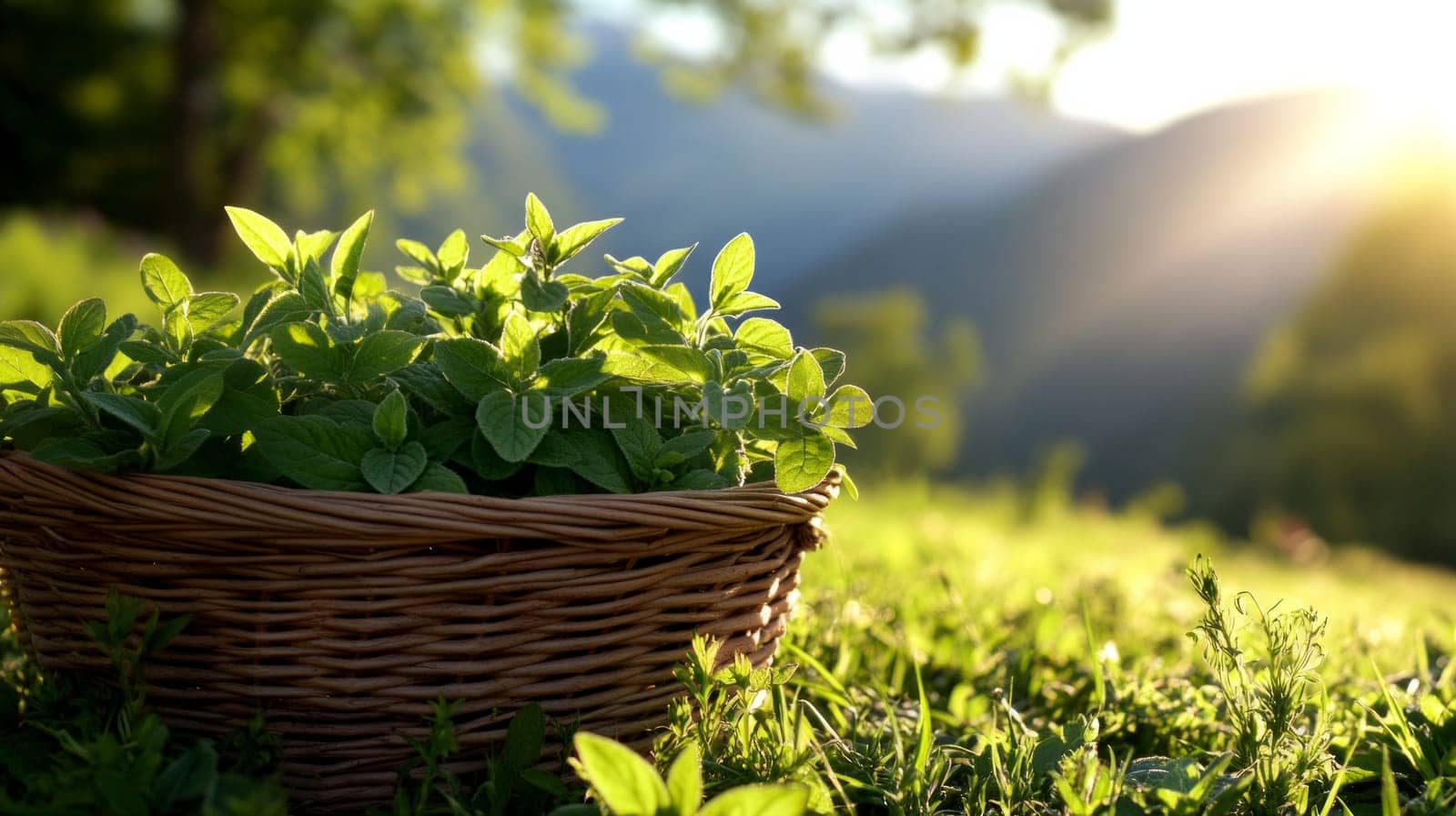 Wicker basket filled with freshly harvested medicinal herbs - thyme, sage and mint. The basket stands on the grass, surrounded by wild plants and herbs.alternative medicine concept