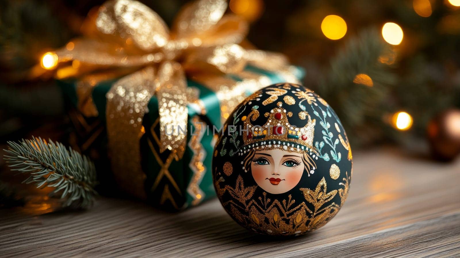 An intricately painted Christmas egg featuring a crowned figure, set beside a gold-wrapped gift box, pine branches, and festive lights in the background.