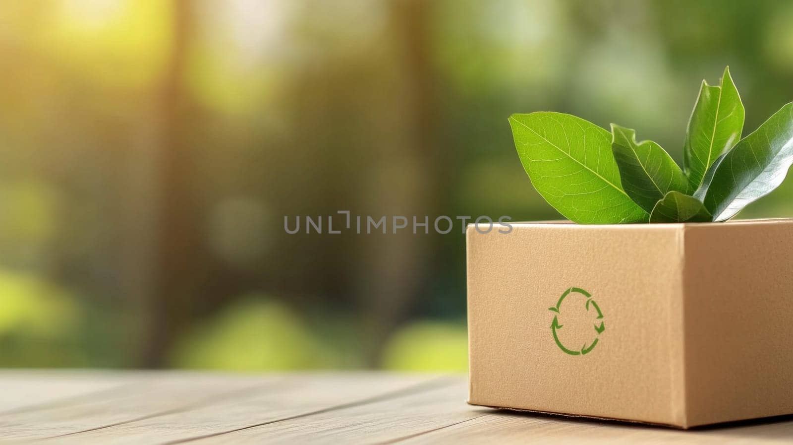 A box made of biodegradable cardboard, partially open, from which green leaves are visible. The packaging has a soft, natural texture and an eco-friendly symbol is printed on the side.