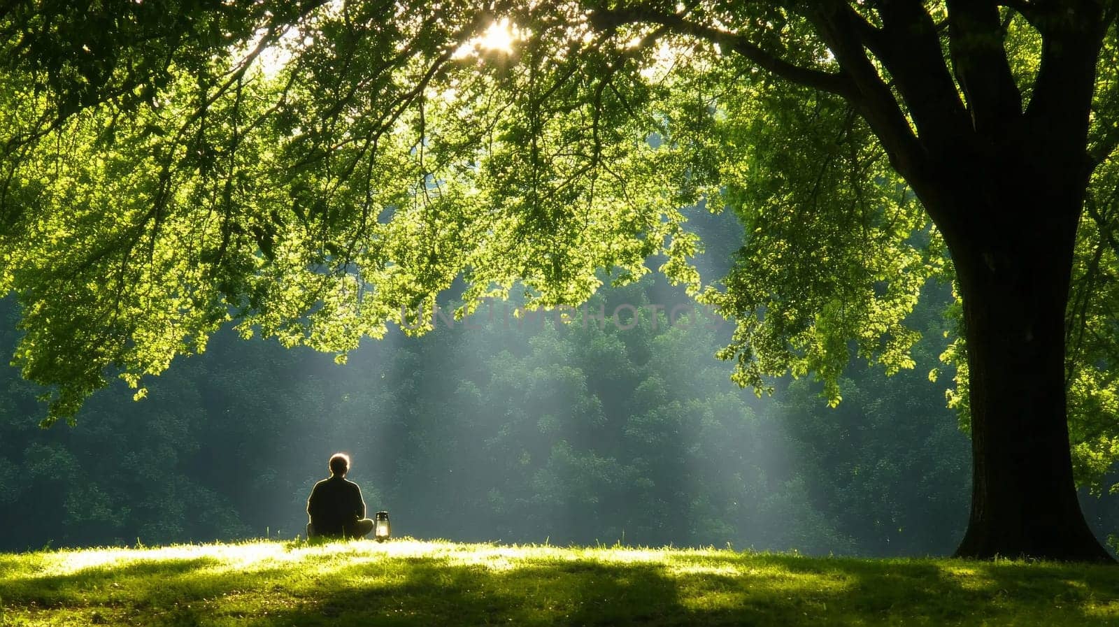 A lonely figure is sitting in the middle of the forest under a lush tall tree.meditation, reflection and space of comfort. The concept of mental health