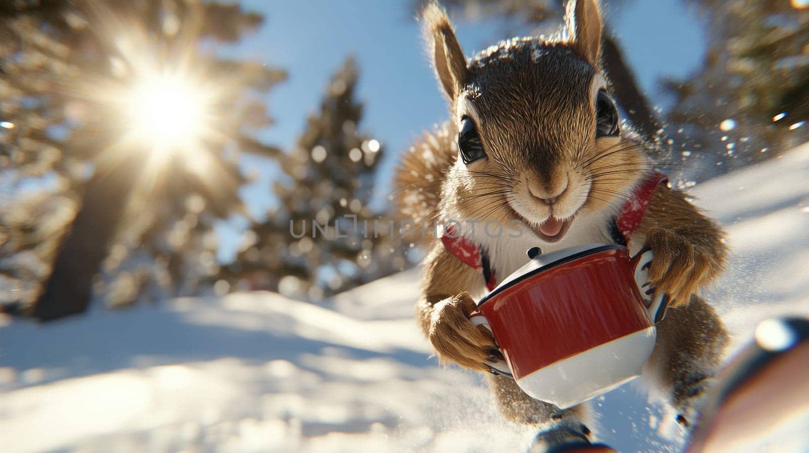 A playful squirrel holds a red mug while running through the snow, surrounded by sunshine and frost-covered trees in a whimsical winter setting.