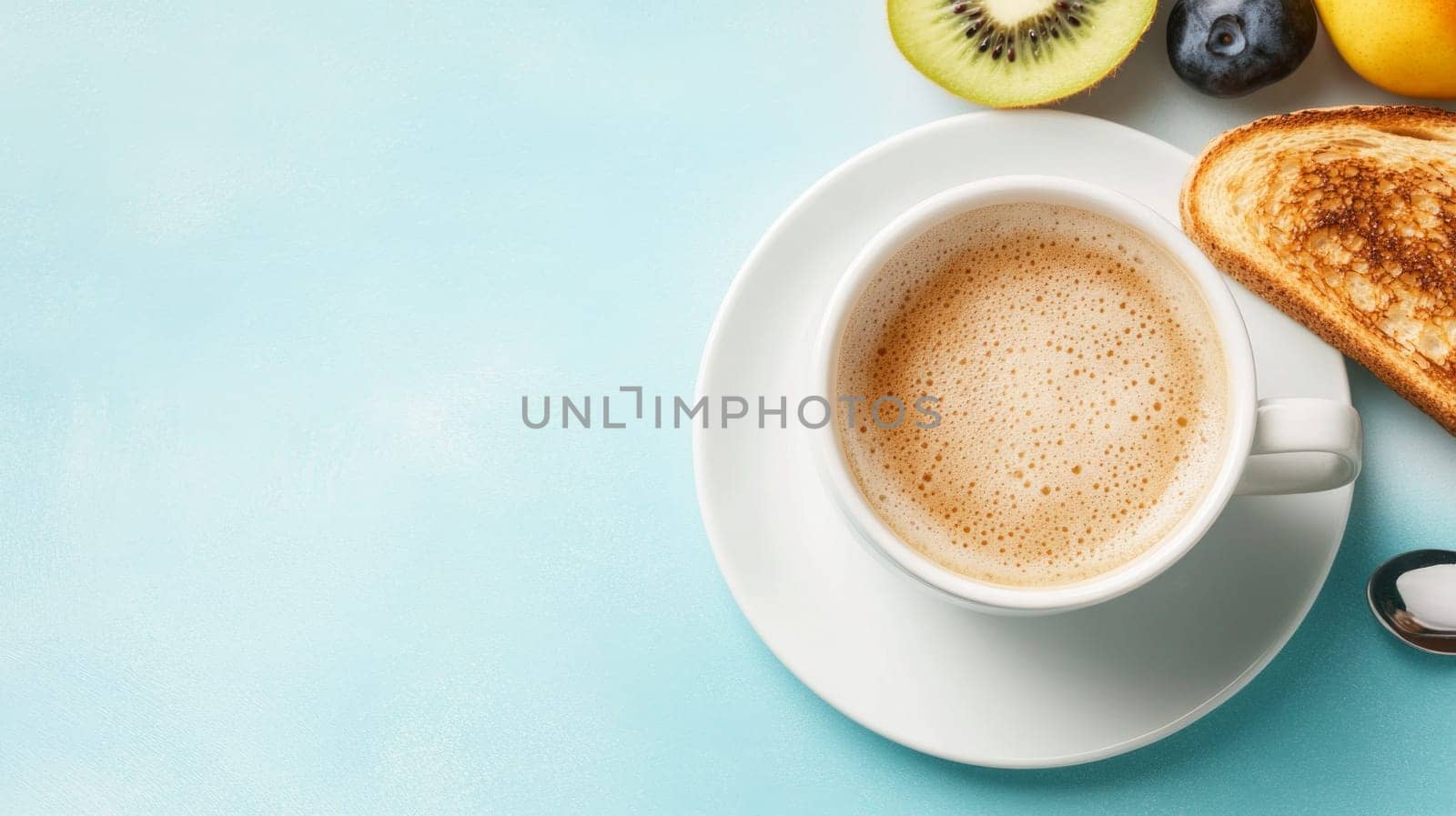 A cup of coffee drink stands next to toast and fruit on a light blue background.copy space