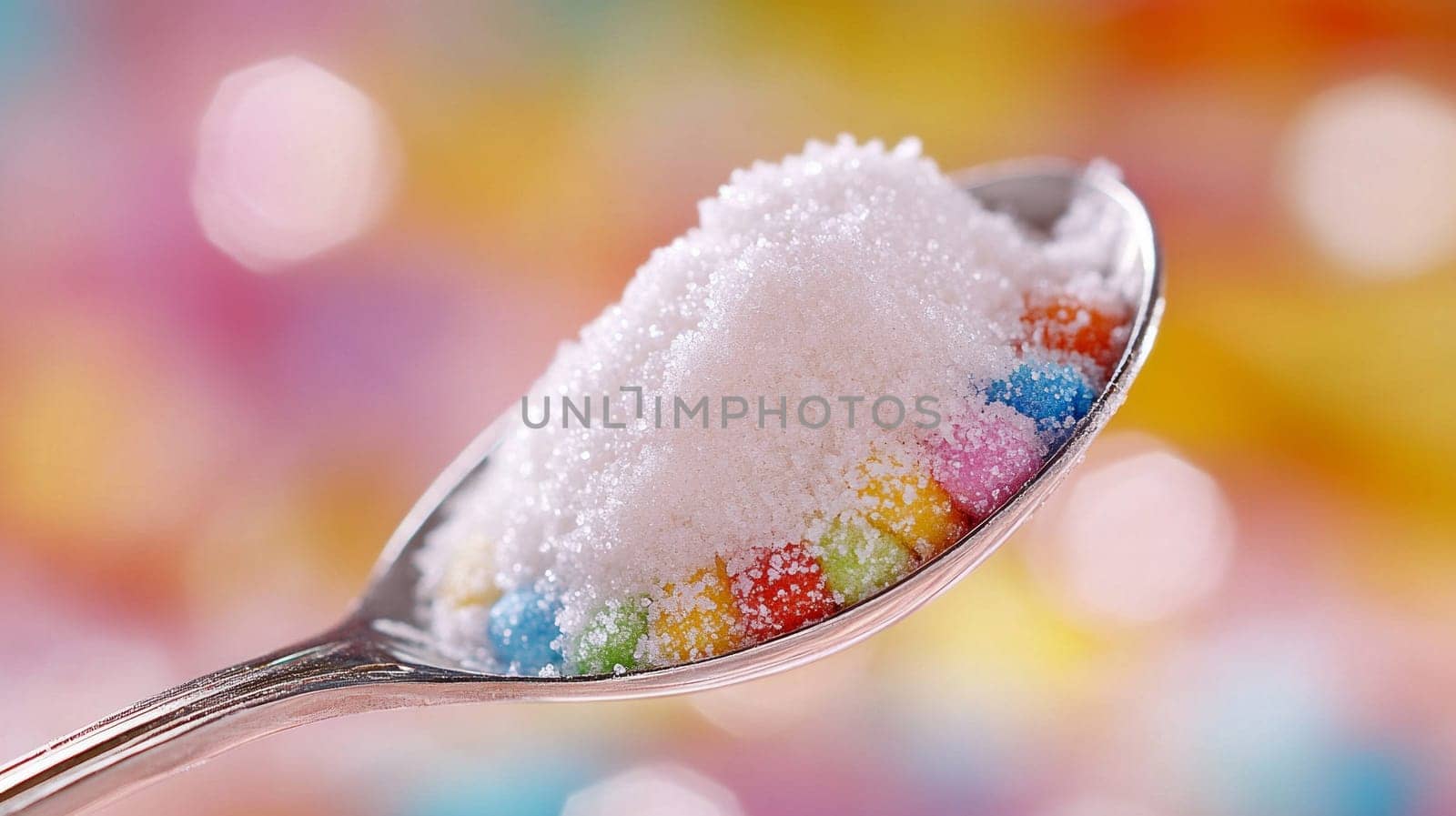 A silver spoon filled with fine sugar and colorful candy sprinkles, set against a vibrant and blurred pastel background. the concept of the harm of sugar consumption