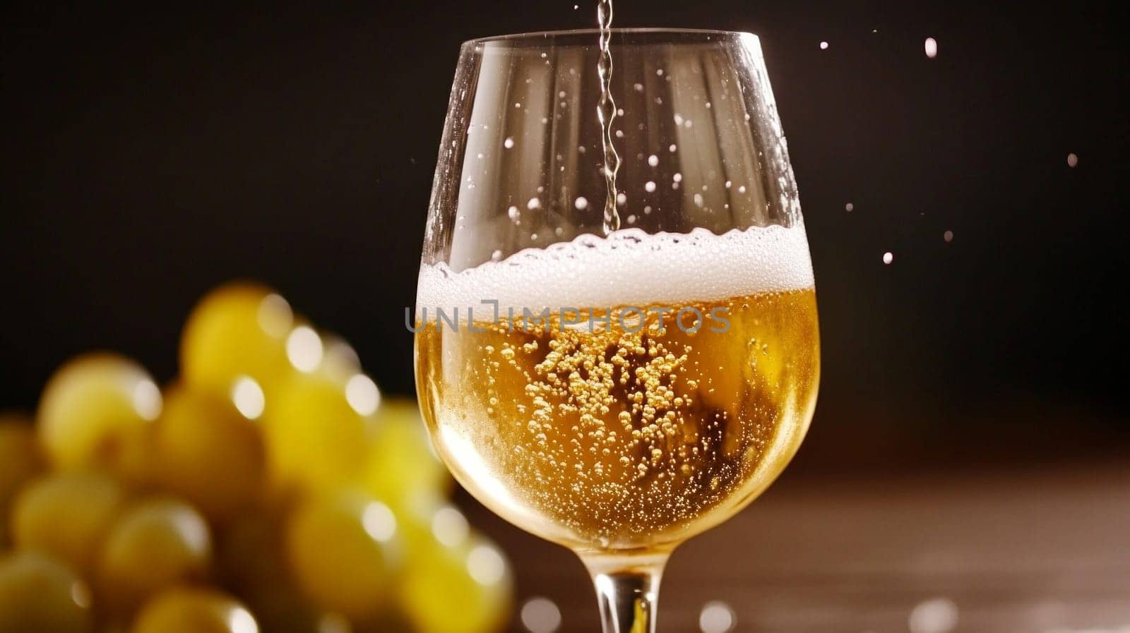 A glass of golden sparkling beverage being poured, with fresh green grapes in the background, creating an elegant and refreshing scene.