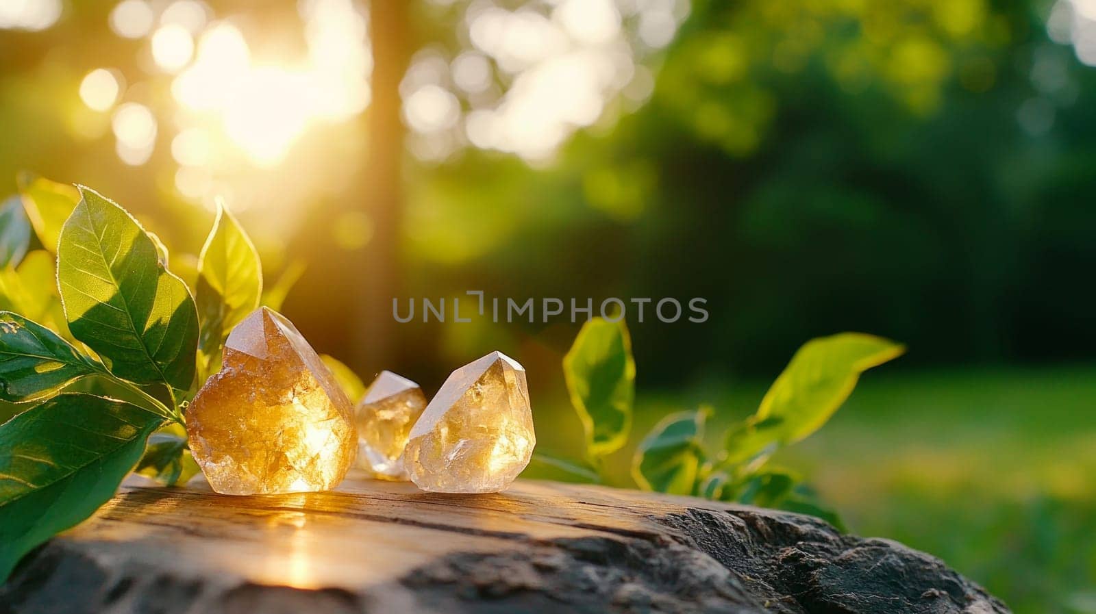 Shimmering citrine crystals placed on a weathered tree stump surrounded by fresh green leaves, illuminated by soft golden sunlight in a serene outdoor setting.