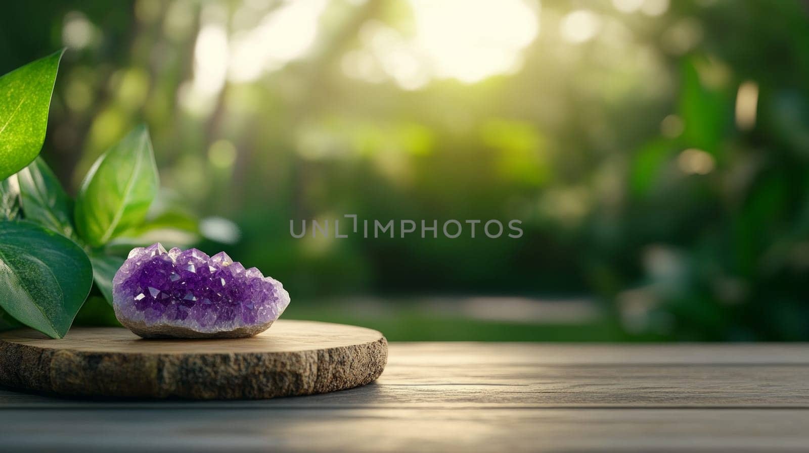 A vibrant purple amethyst crystal displayed on a round wooden platform, surrounded by green leaves in a lush garden setting with soft sunlight.