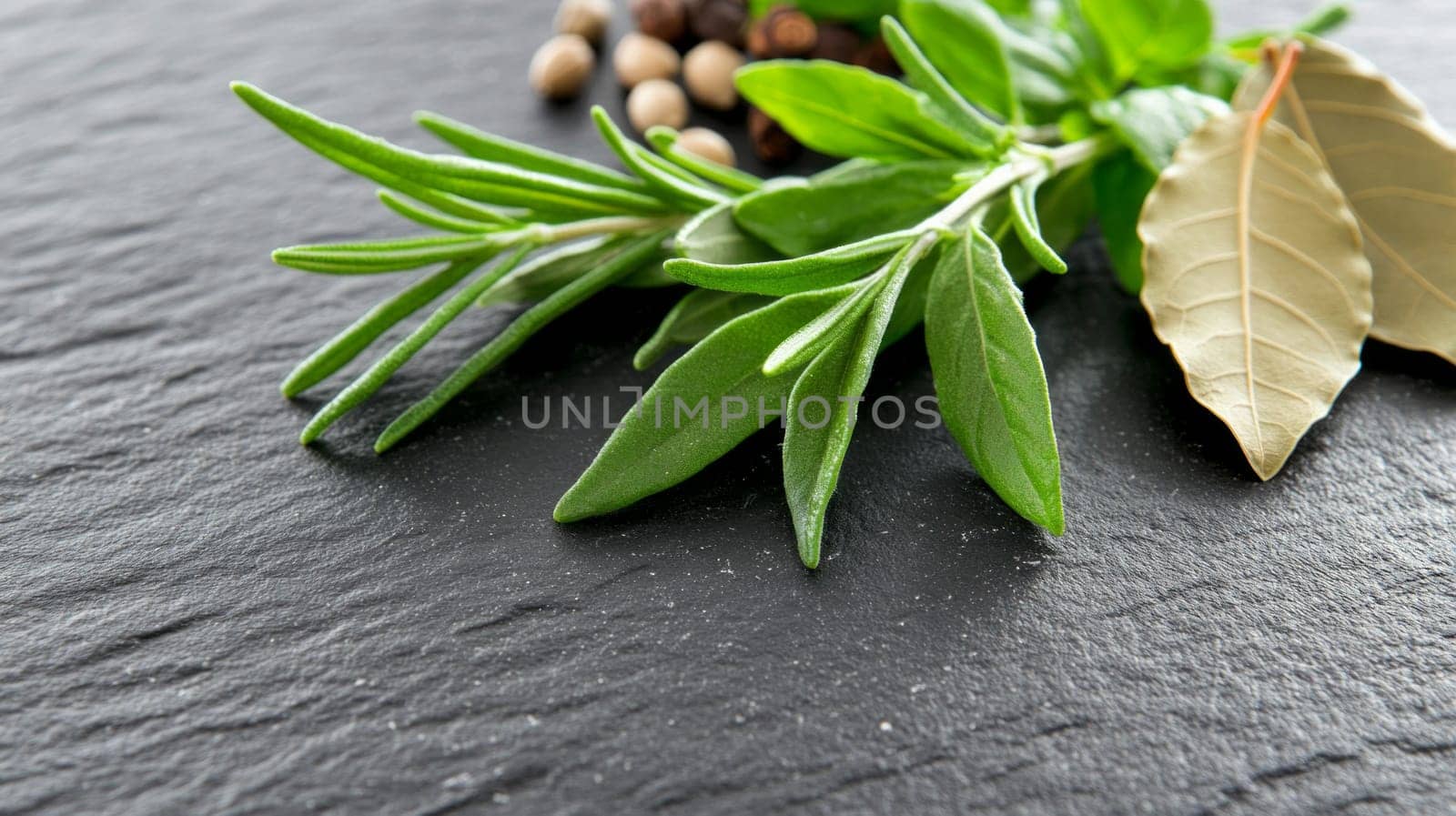 Close-up of rosemary, bay leaves, and peppercorns arranged on a dark slate surface, showcasing their fresh and natural appeal.