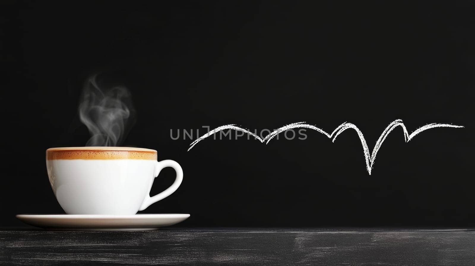 White cup of steaming coffee on a black background, complemented by a whimsical chalk drawing of a symbolic heartbeat line, combining creativity with simplicity. coffee for energy concept