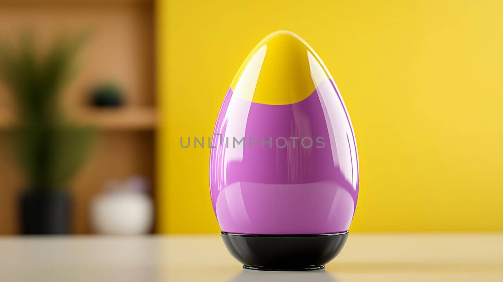 Modern and glossy decorative egg in purple, yellow and black colors placed on a minimalist yellow background with blurred interior elements.